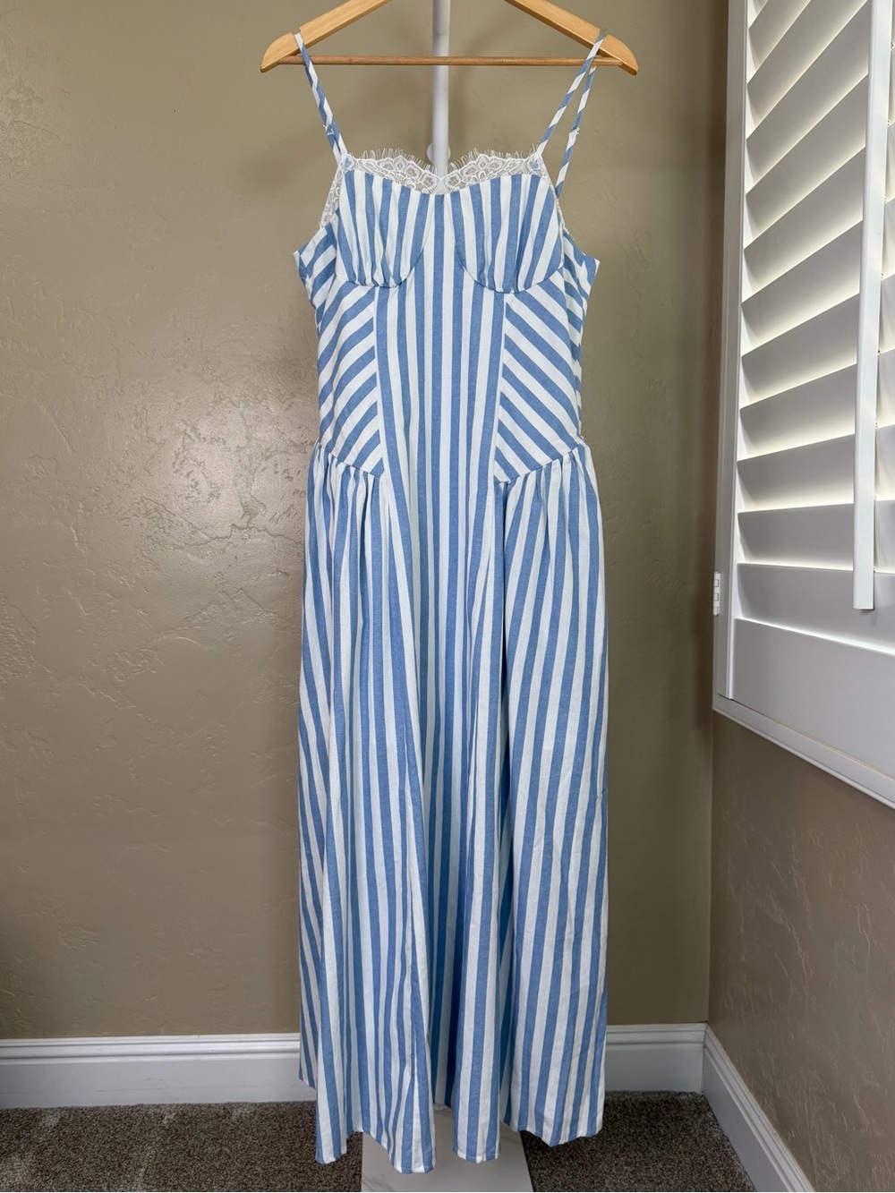 Commense Light Blue White Striped Cotton Lace Cami Maxi Dress Large NWT - Picture 4 of 10